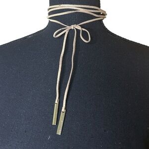 Y2K Boho Sparkly Tan Wrap Choker Ribbon Necklace With Metal Accents